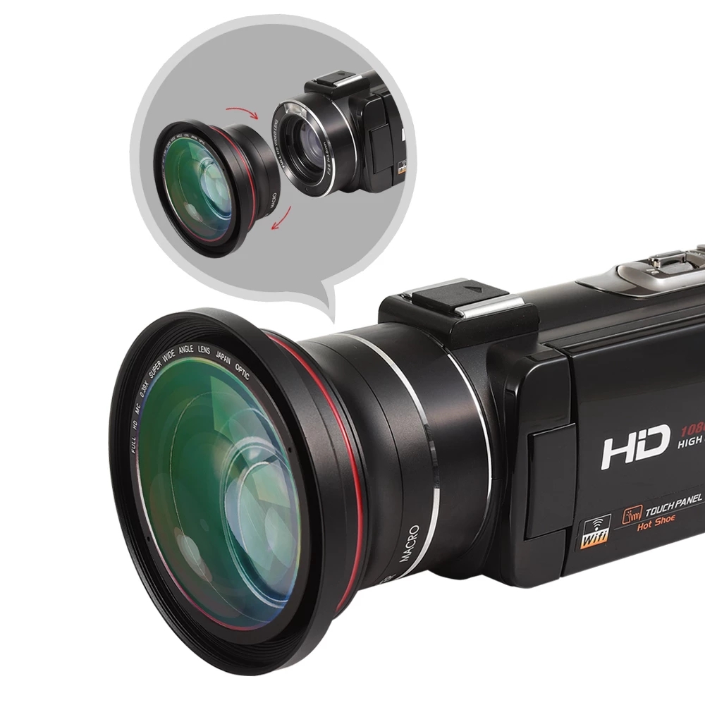 Ordro Groothoek Lens Voor 4K Video Camcorder Lens 1080P Full Hd Camera 37Mm 0.39X Lens Met macro Gedeelte Video-opname