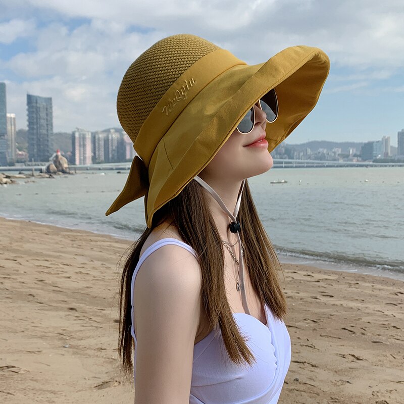 Chapeau de soleil en maille souple pour femmes, seau pliable, à Large bord, nœud papillon, Anti-UV, pour la plage, nouveauté, été,: Yellow