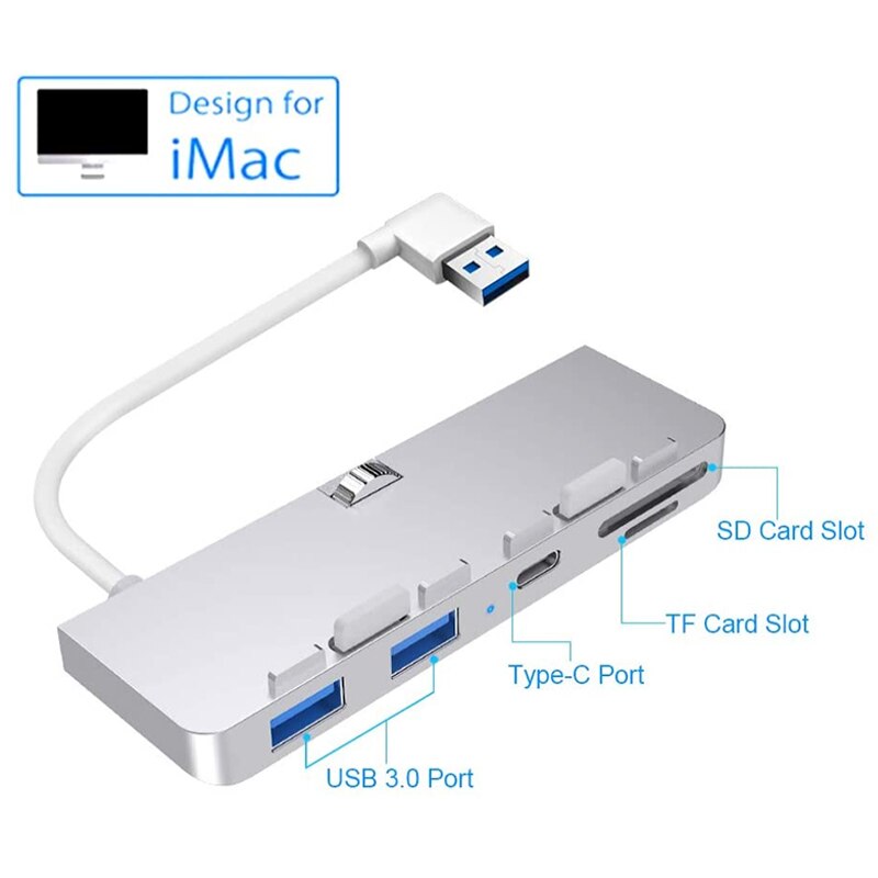 Rocketek Aluminum Alloy USB 3.0 Hub 3 Port Adapter Splitter with SD/TF Card Reader and Type-C for iMac 21.5 27 PRO Slim Computer
