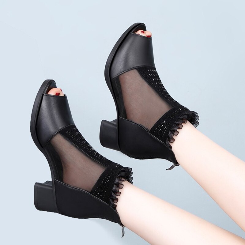 Gladiatorsandalen peep toe sandalen laarzen zomer mesh hoge hakken nette schoenen dames kant enkelband laarzen sandalen dames 8122n: Zwart / 5.5