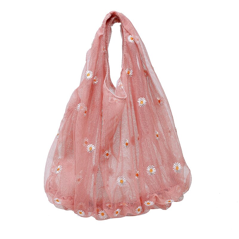 Women Embroidery Transparent Tote Mesh Storage Bag Daisy Organza Handbag Korea Girls Fruit Bag Purse: Pink