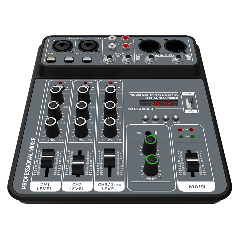 Lydmixer 4 -kanals dj-mixerpult med bluetooth 48v phantom power-monitor karaoke-system usb-mixer lyd: Default Title