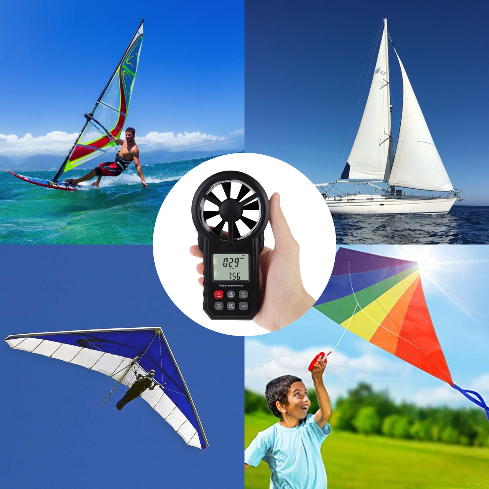 Digital Handheld Vane Anemometer for Measuring Air Wind Speed Temperature Meter Windsurfing Flying Kite Fishing Hiking