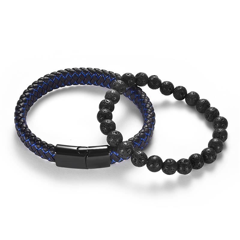 Jiayiqi leren armband, natuursteen kralen armbanden voor heren, roestvrij staal magnetische sluitingen bangle heren sieraden: 2 stuks blauw / 20.5cm