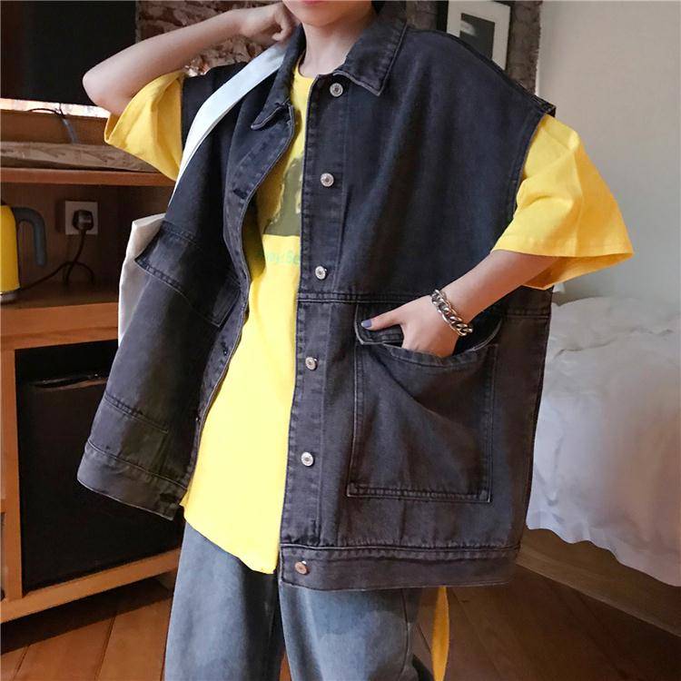 Vesten Vesten Vrouwen Denim Jas Losse Vintage Basic Cool Street Wear Womens Studenten Koreaanse Stijl Alle-Match Cargo Mouwloze: black / L