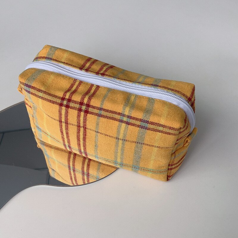 BM Style couleur rétro Plaid crayon sac grande capacité Portable fille cosmétique sac de rangement fournitures scolaires mignon papeterie: Orange Plaid