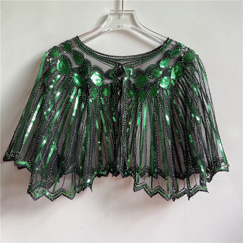 Vintage 1920s flapper xale lantejoulas frisado capa curta frisado decoração gatsby festa malha curto cobrir vestido acessório: Verde