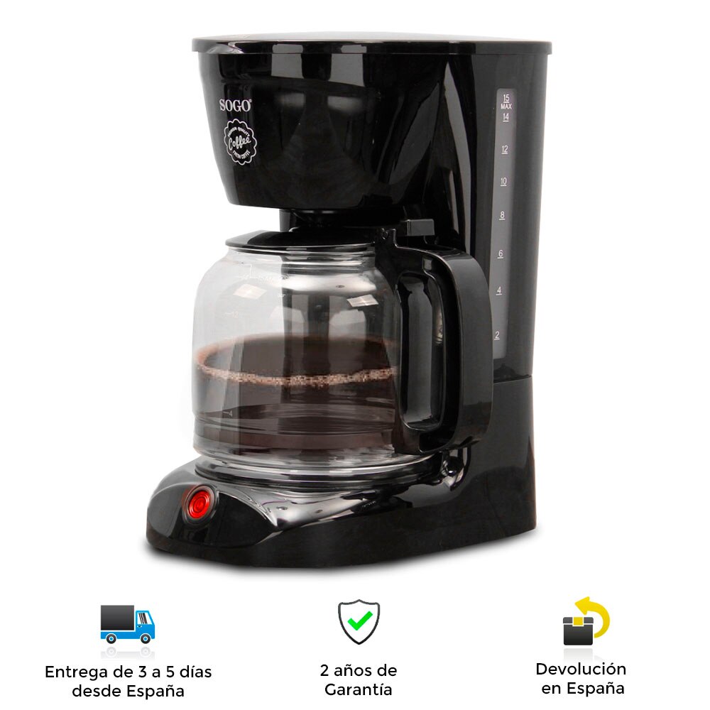 Cafetera automática goteo de Sogo, 15 tazas, , moderna, potente, rapida, portatil, 1,8L, luz, jarra, filtro, termostato, cafetera, cafeteras