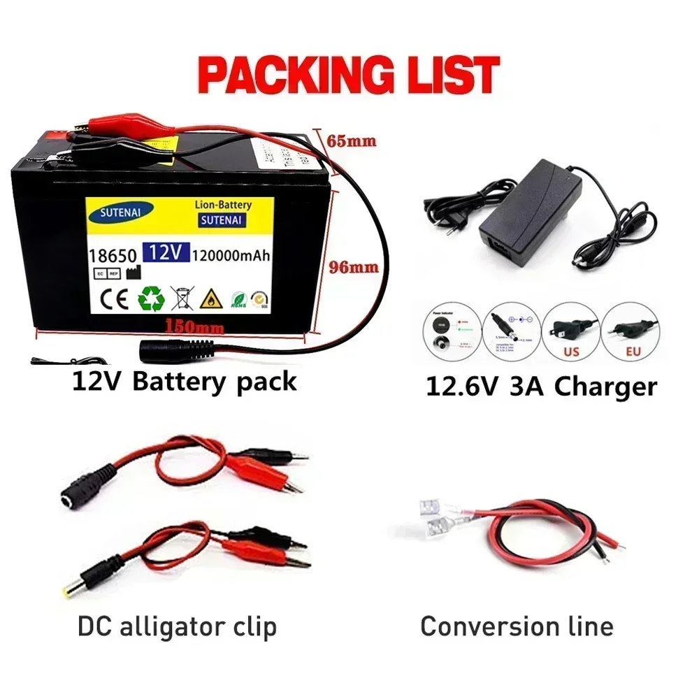 12V 120Ah 120000 Batterie au lithium mAh 18650, pulvérisateur 30A, BMS intégré à courant élevé pour véhicule électrique + chargeur 12.6V