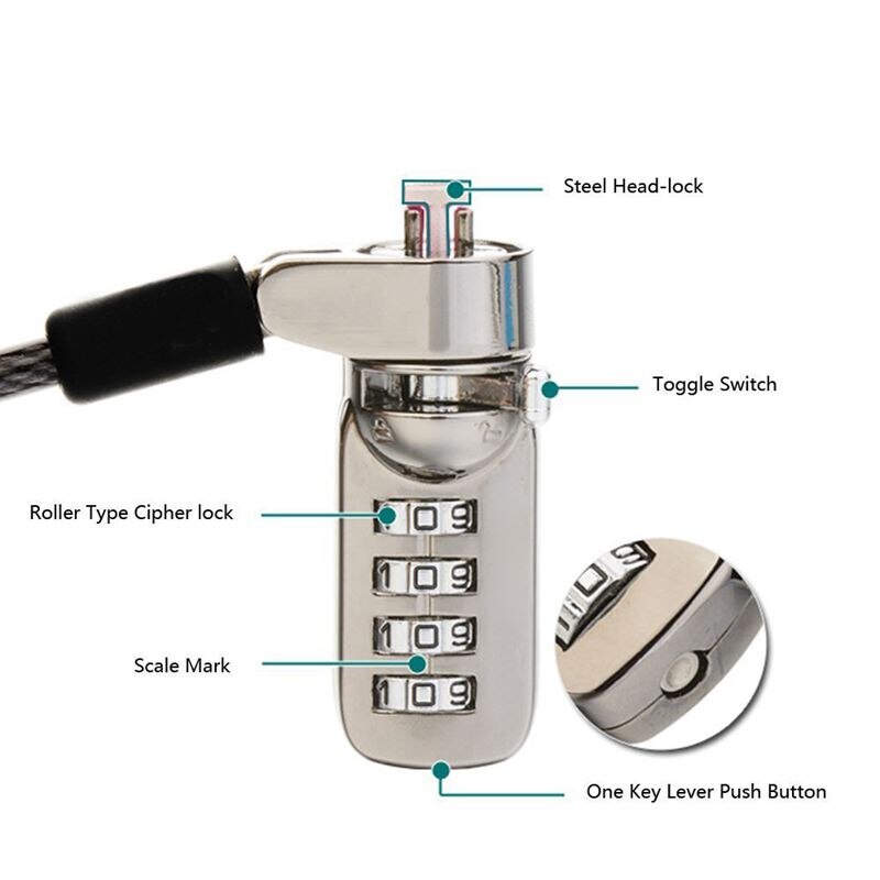 Notebook laptop combinatieslot beveiligingskabel  - 4- cijferige wachtwoordbeveiliging, diefstalbeveiliging - met stevige dikke zwarte beveiliging