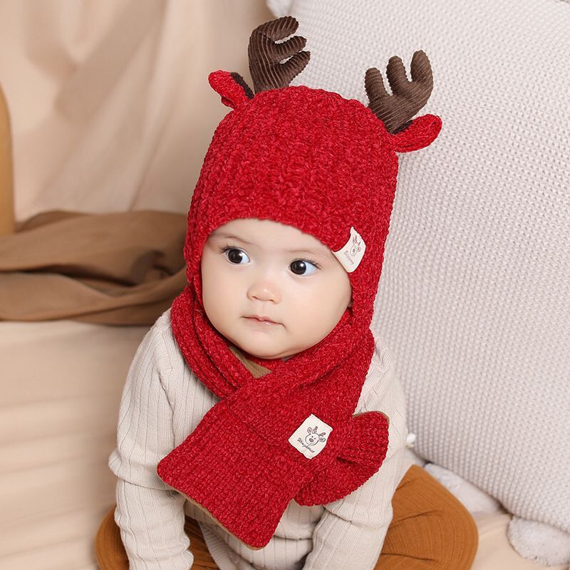 Chapeaux avec écharpe en polaire chaude pour filles, bonnet d'hiver tricoté pour enfants,: Rouge