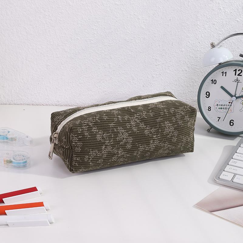 Cute Printed Pencil Case Aesthetic Retro Floral Pencil Pouch Flower Cosmetic Bag Large Capacity Stationery Organizer Supplies: green