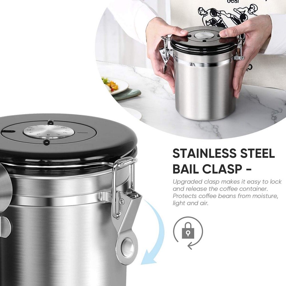 Coffee Storage Container Airtight Stainless Steel Vault Coffee Bean Canister with CO2 Valve to Keep Beans Fresh Grains Candy Jar