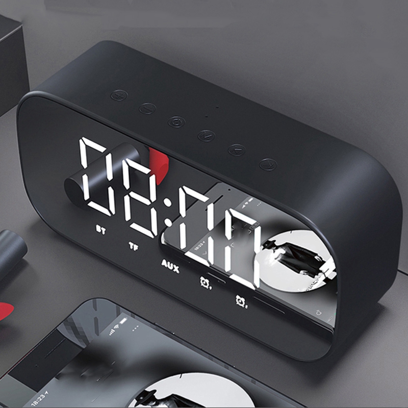 Bluetooth Speaker with FM Radio LED Mirror Alarm Clock Subwoofer Music Player Snooze Desktop Clock Wireless Black