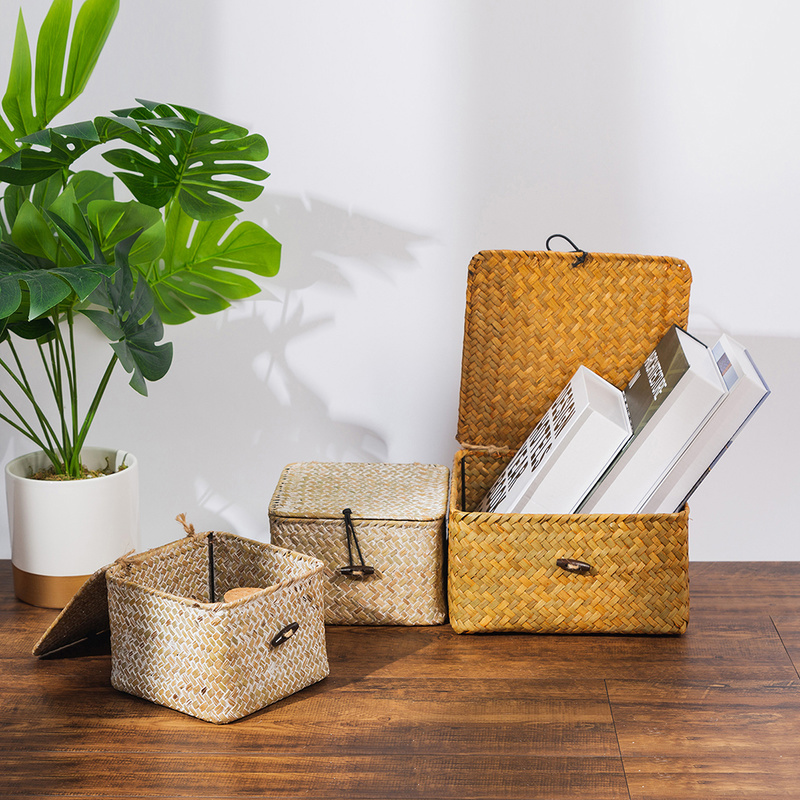 Wicker Storage Box with Lid Seagrass Woven Storage Baskets Handmade Cosmetic Jewelry Container for Home Bathroom Hotel Supplies