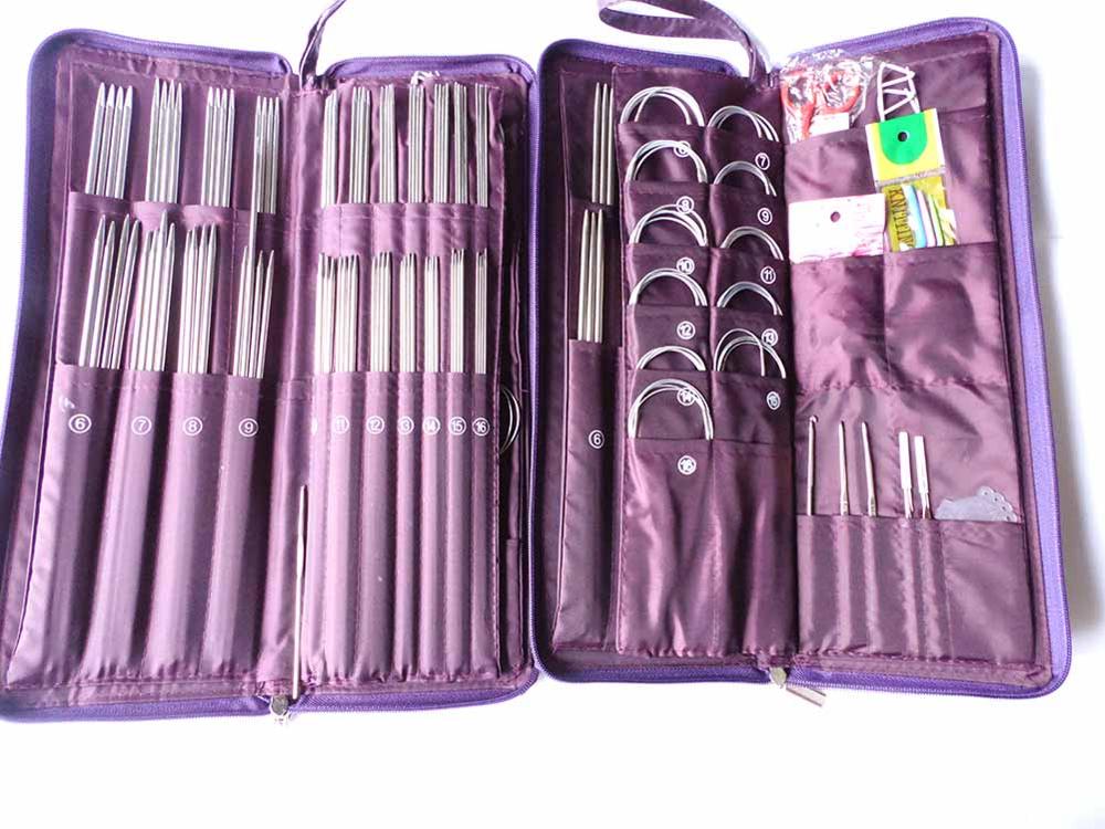 Stainless Knitting Needle Set 25cm 35cm Straight Needle Set 80cm Circular Needle Set Crochot Hooks DIY Knitted Tool Set PU Bag