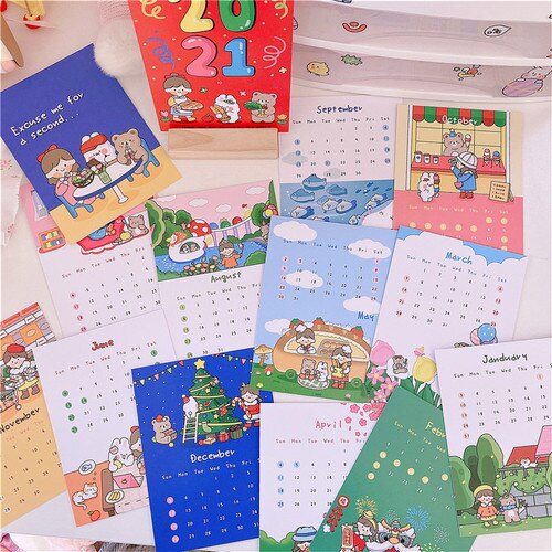 Rabbit Calendar Postcard Small Poster Cute Cartoon Wall Decoration Sticker Calendar Posing Props Children's: girl