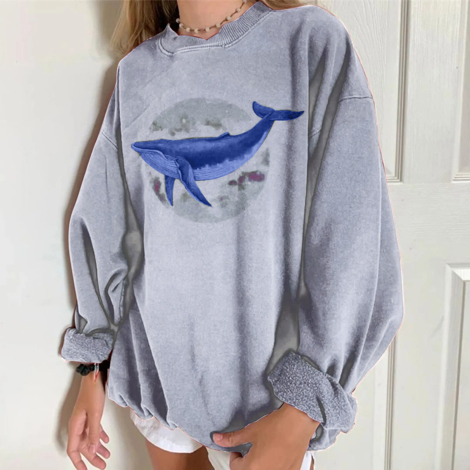 Hoodie Unisex Fish Print Casual Herfst En Winter Mode Ronde Hals Afdrukken Lange Mouw Sweater Trui Tops Vrouwen Jas