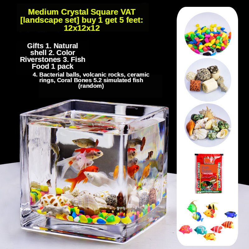 Table top small fish tank small aquarium living room small household crystal glass ecological Mini tank square fish: Default Title