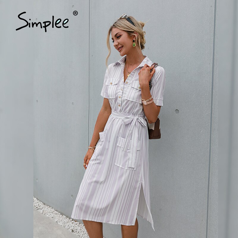 Simplee elegante abito da donna a righe a manica corta 2021 bottone Casual camicia con lacci colletto abiti estivi abiti da donna per ufficio