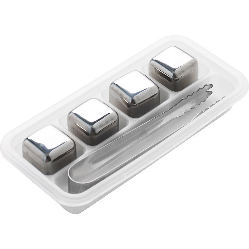 4 Stainless Steel Reusable Ice Cubes Chilling Stones with Tongs & Freezer Storage Tray For Whiskey Wine Cola Best Man