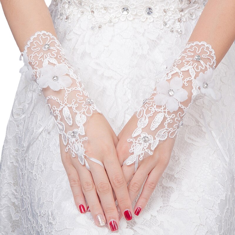Guantes de novia cortos de encaje sin dedos para novia, accesorios de boda, bordados, con abalorios blancos, a la
