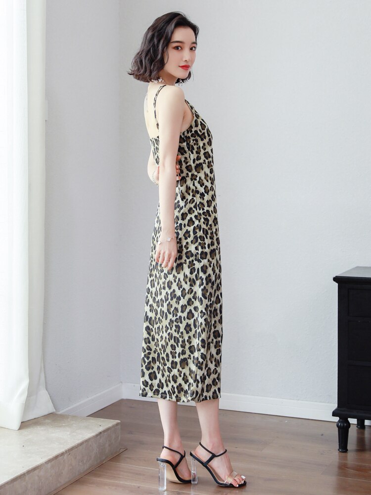 Vintage Leopard Print Side Folk Underdress Spaghtti Strap Women Full Slips Slim All-match V-neck Long Slips