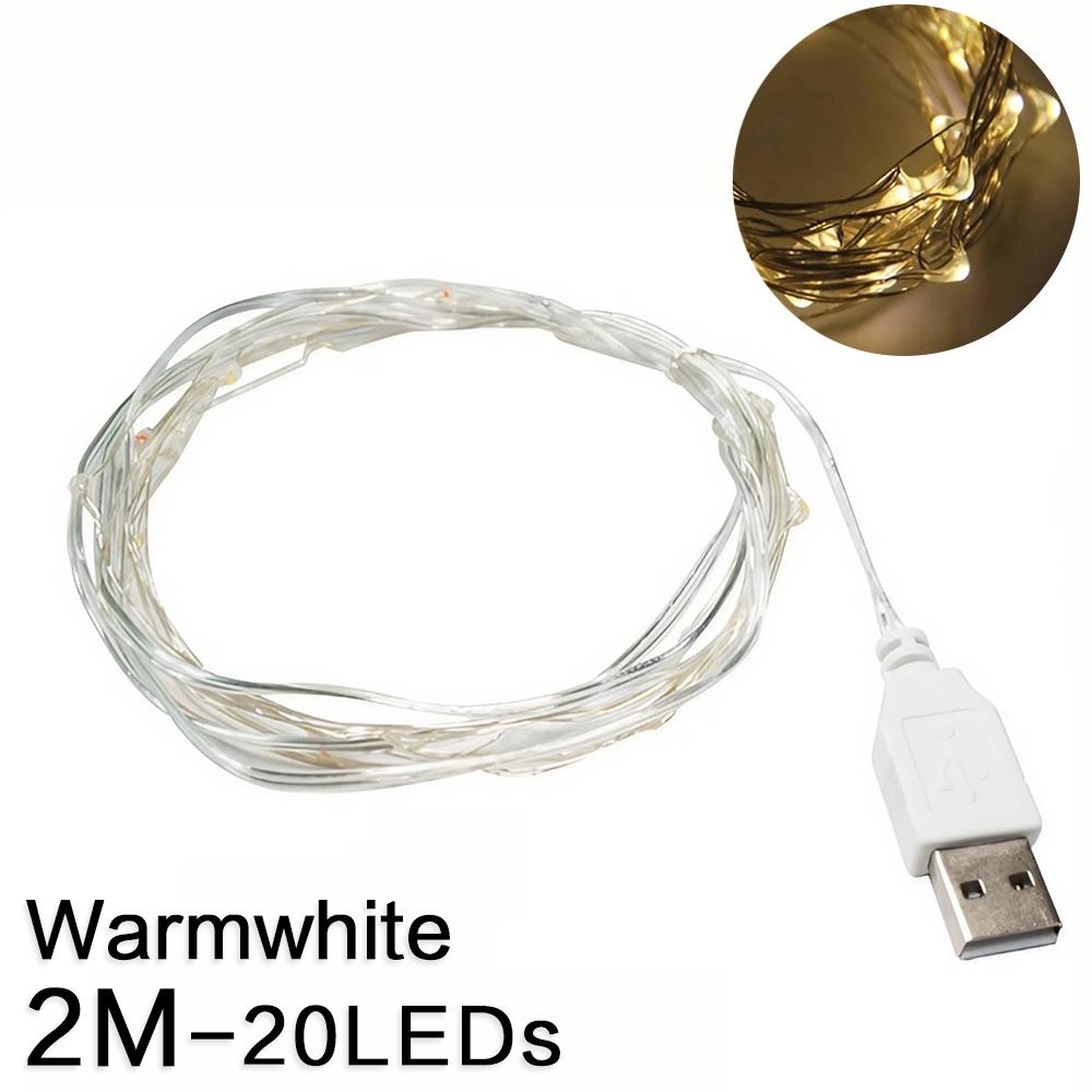 Guirnalda de luces LED USB de 2/5/10/20M para Navidad, , boda, decoración del hogar, árbol de Navidad, luces de hadas intermitentes: Blanco