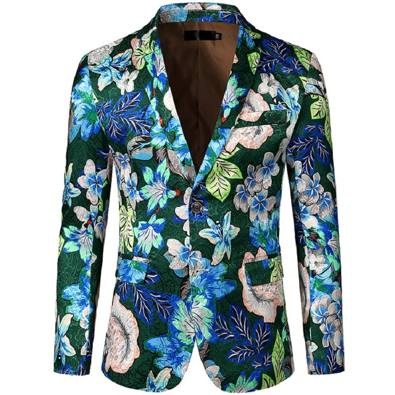 Män casual blomma tryckt slimmad kavaj vintage jacka män lyx formell bröllopsklänning scen kostymer för sångare: Grön / S