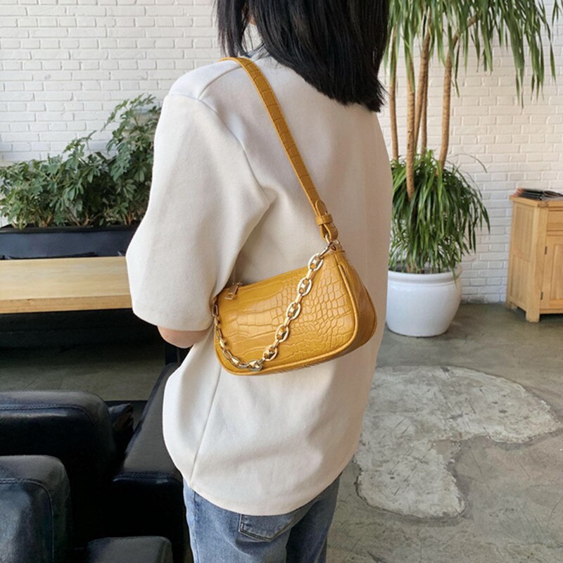 Krokodille mønster baguette tasker mini pu læder skuldertasker til kvinder kæde luksus håndtaske kvindelige rejser: Gul