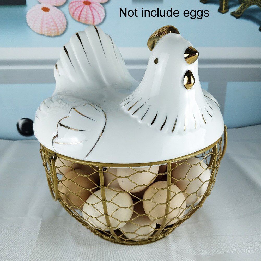 Multi-function Iron Eggs Storage Basket Chicken Shape Ceramic Lid Fruit Organizer With Handle Large Capacity Kitchen Mesh Holder