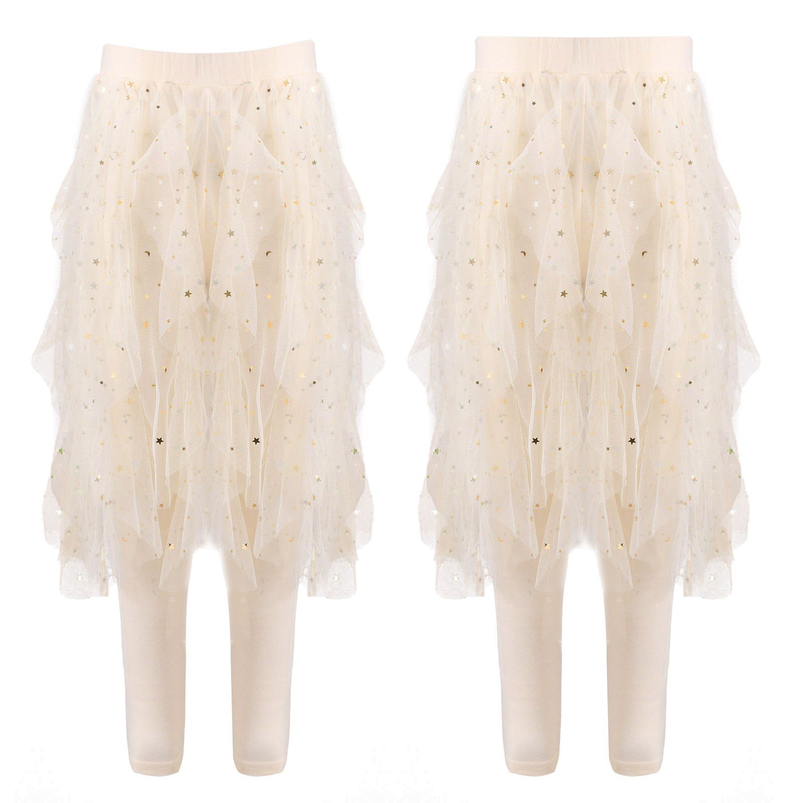 Bambini ragazze abbigliamento Leggings pantaloni con gonne Tutu irregolari vita elastica stelle scintillanti paillettes maglia Tulle culotte collant: Beige / 120