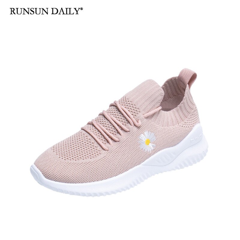Damesneakers letvægtssok sko fritidsbroderi åndbar mesh løbesko hvid: Lyserød / 39