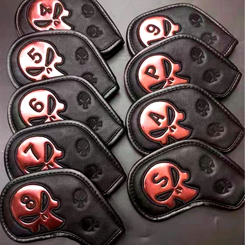 Waterdichte golfijzerhoezen, golfclubhoofdhoezen, ijzerbeschermers, geborduurd doodskopmotief van pu.: Rood