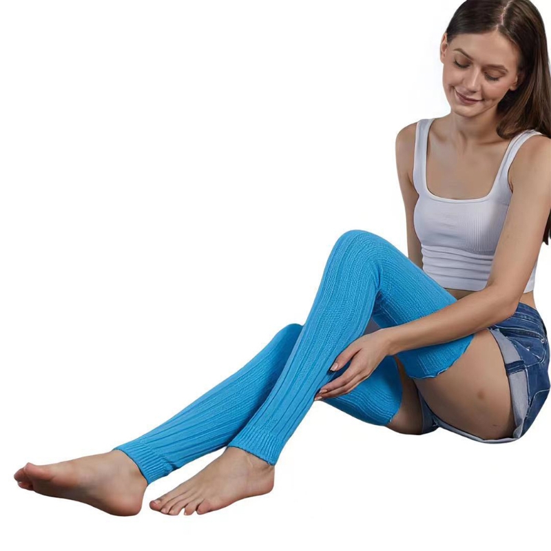 Womens Ribbed Cable Knit Leg Warmers Winter Warm Ruffled Top Stretch Over Knee Thigh High Long Socks Footless: Blue