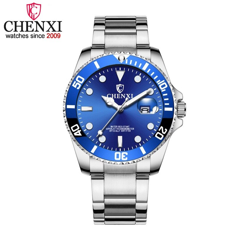 Chenxi herreure mænds forretningskvartsur vandtæt ur mandlige ure i rustfrit stål relogio masculino: Sølvblå