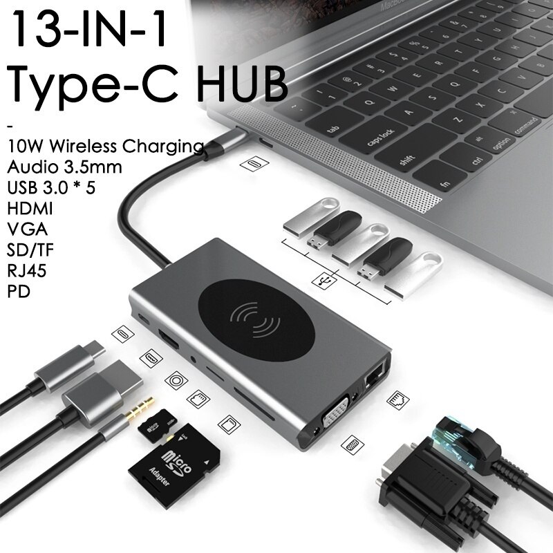 15 In 1 USB-C Hub Met Hdmi RJ45 Draadloze Lading Sd Kaartlezer Type-C Uitbreiding Dock Voor Macbook pro Laptop Accessoires: 13 in 1 hub