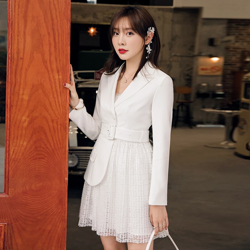 Yigelila herfst witte jurk kantoor dame lange mouwen effen jurk a-lijn turn-down kraag met riem korte jurk 65310
