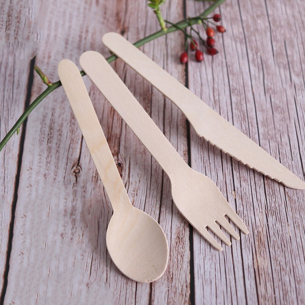 150pcs Disposable Dinnerware Set Wooden Knives Forks Spoons Eatting Tools For Restaurant Hotel Home Tableware