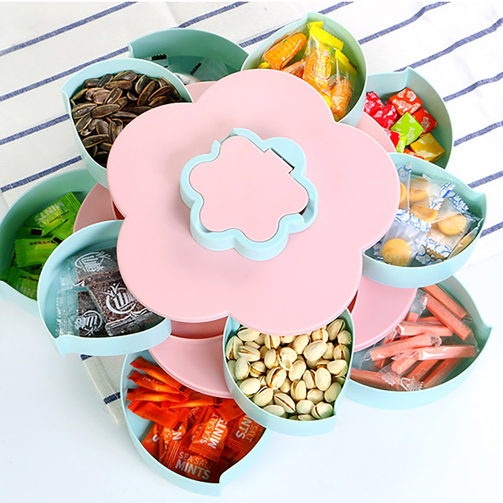 Lazy Fruit Dish Double Layers Snack Box Candy Plates Petal-shape Rotating Trays Box Dried Fruit Storage Organizer Box