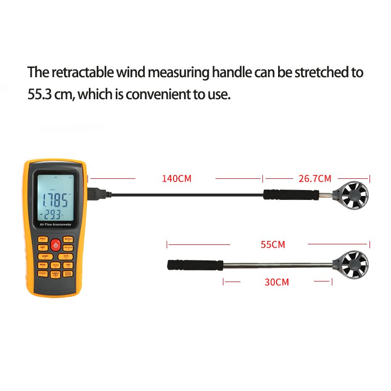 Digital Anemometer Extendable Handle Wind Speed and Air Volume Tester Maximum Minimum Average Measurement Connect The Computer