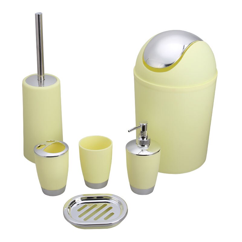 6Pcs Bathroom Accessories Set Toothbrush Holder Cup Soap Dispenser Dish Toilet Brush Trash Can Plastic Tumbler Cup Washroom Tool: yellow