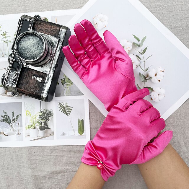 Women's Summer Thin Short Satin Elastic Etiquette Dress Gloves Pearl Lace Bow UV Sunscreen Cycling Driving Mittens K69: Rose Red