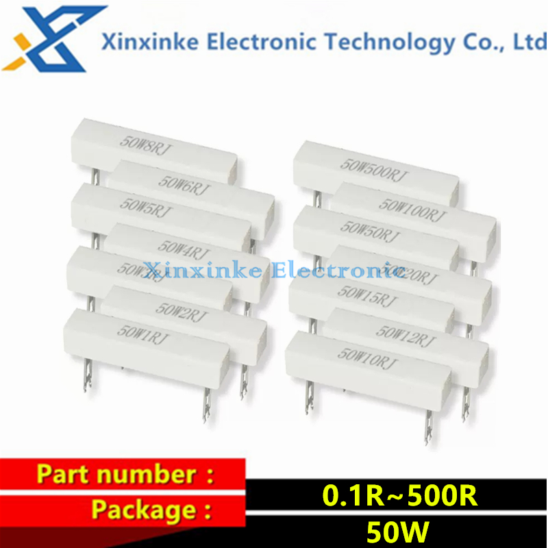 Resistencia cerámica de cemento de 50W, 5%, 0,1, 0,5, 1, 1,5, 2, 2,5, 3, 3,3, 4, 5, 6, 8, 10, 12, 15, 20, 25, 30, 47, 50, 100, 150, 200, 250, 300, 500, 1K Ohm