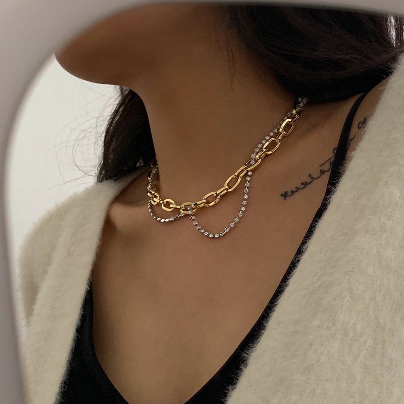 Peri'sbox guld sølvfarvet blandet chunky kæde halskæder rhinestone tennis kæde halskæder til kvinder erklæring lag halskæde