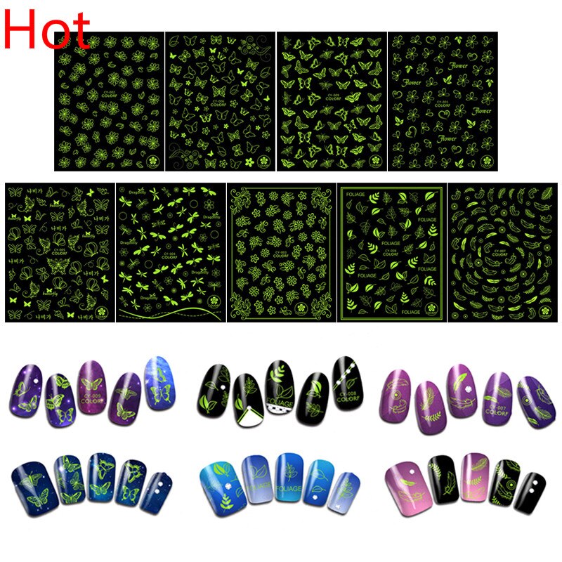Halloween 3D Nail Sticker Lichtgevende Nail Decals Diy Blad Bloem Vlinder Veer Lijm Nail Art Decorations Voor Manicure