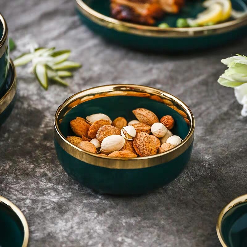 Zielone naczynia ceramiczne i talerze zestawy złota wkładka płyta stek talerz zastawa stołowa miski talerze obiadowe wysoka porcelanowa zastawa stołowa