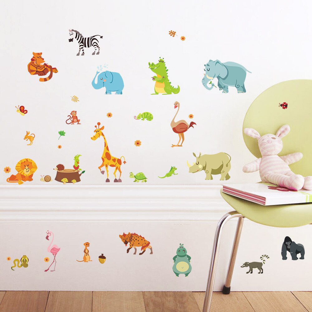 Funny Happy Zoo Cute Dinosaur Zebra Giraffe Snake Wall Stickers Kids Room Baby Home Decor Cartoon Animal Decals Diy Mural