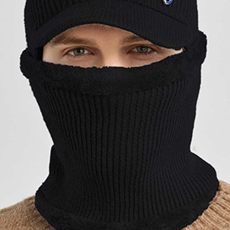 Heren winter 2 -delige set met klep, oorkleppen, muts en cirkelsjaal, gebreide dikke, pluche voering, skullies baseballpet, winddicht