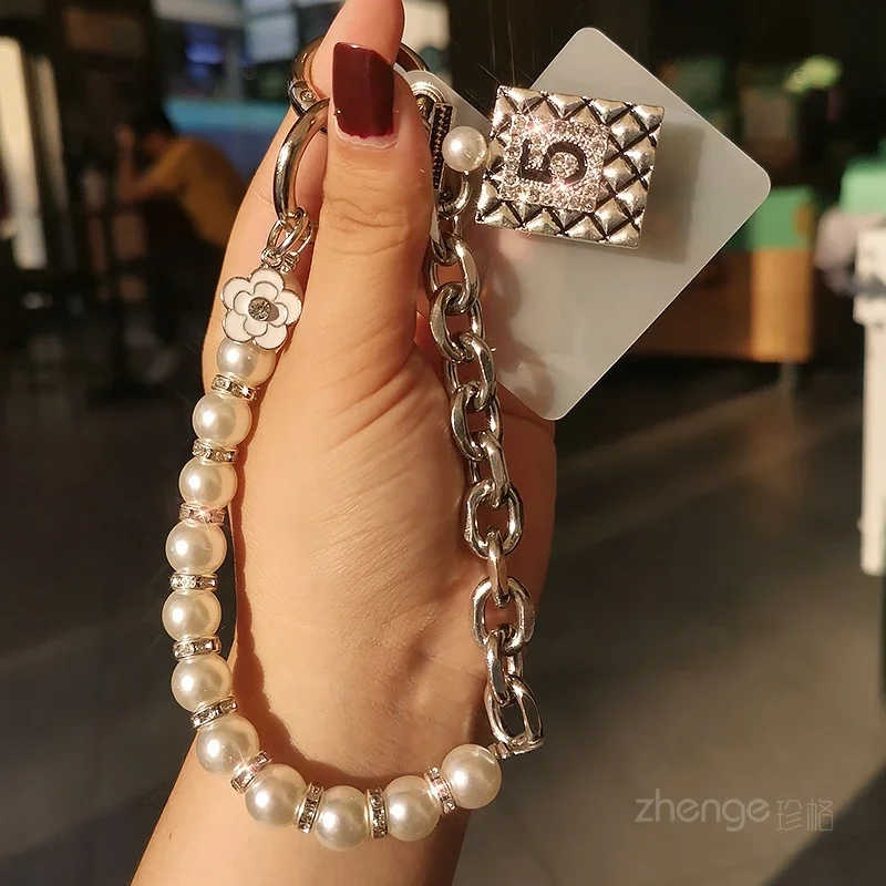 Lanyard voor mobiele telefoon Parelketting nr. 5-hangende tagarmband, korte polsband, kleine tag, metalen clip, telefoonhoes, universele riem